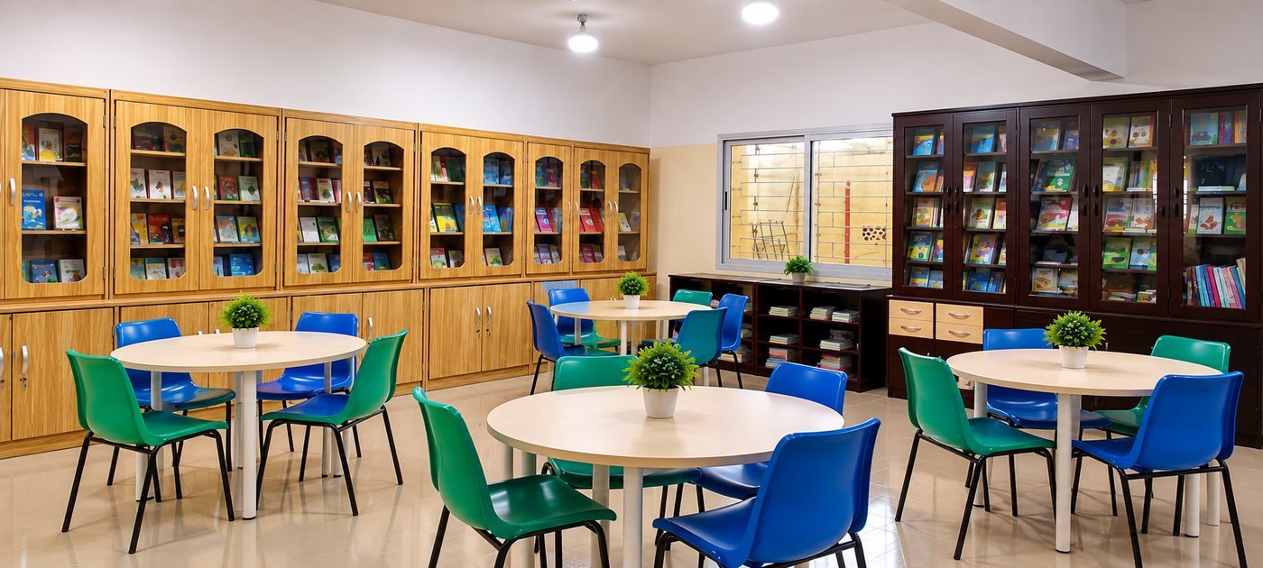 La bibliothèque de l'ISCA, rayonnages vitrés remplis de livres et tables rondes de lecture.